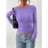 imagePRETTYGARDEN Long Sleeve Shirts for Women 2026 Fall Ruched Sides Boat Neck Basic Tee Casual Fitted Ribbed Knit Crop TopsPurple Grey