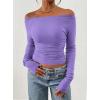 imagePRETTYGARDEN Long Sleeve Shirts for Women 2026 Fall Ruched Sides Boat Neck Basic Tee Casual Fitted Ribbed Knit Crop TopsPurple Grey