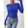 imagePRETTYGARDEN Long Sleeve Shirts for Women 2026 Fall Ruched Sides Boat Neck Basic Tee Casual Fitted Ribbed Knit Crop TopsRoyal Blue