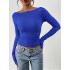 imagePRETTYGARDEN Long Sleeve Shirts for Women 2026 Fall Ruched Sides Boat Neck Basic Tee Casual Fitted Ribbed Knit Crop TopsRoyal Blue