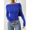 imagePRETTYGARDEN Long Sleeve Shirts for Women 2026 Fall Ruched Sides Boat Neck Basic Tee Casual Fitted Ribbed Knit Crop TopsRoyal Blue