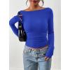 imagePRETTYGARDEN Long Sleeve Shirts for Women 2026 Fall Ruched Sides Boat Neck Basic Tee Casual Fitted Ribbed Knit Crop TopsRoyal Blue
