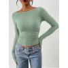 imagePRETTYGARDEN Long Sleeve Shirts for Women 2026 Fall Ruched Sides Boat Neck Basic Tee Casual Fitted Ribbed Knit Crop TopsSage Green