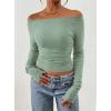 imagePRETTYGARDEN Long Sleeve Shirts for Women 2026 Fall Ruched Sides Boat Neck Basic Tee Casual Fitted Ribbed Knit Crop TopsSage Green