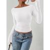 imagePRETTYGARDEN Long Sleeve Shirts for Women 2026 Fall Ruched Sides Boat Neck Basic Tee Casual Fitted Ribbed Knit Crop TopsWhite