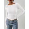 imagePRETTYGARDEN Long Sleeve Shirts for Women 2026 Fall Ruched Sides Boat Neck Basic Tee Casual Fitted Ribbed Knit Crop TopsWhite