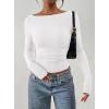 imagePRETTYGARDEN Long Sleeve Shirts for Women 2026 Fall Ruched Sides Boat Neck Basic Tee Casual Fitted Ribbed Knit Crop TopsWhite