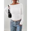 imagePRETTYGARDEN Long Sleeve Shirts for Women 2026 Fall Ruched Sides Boat Neck Basic Tee Casual Fitted Ribbed Knit Crop TopsWhite