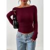 imagePRETTYGARDEN Long Sleeve Shirts for Women 2026 Fall Ruched Sides Boat Neck Basic Tee Casual Fitted Ribbed Knit Crop TopsWine Red