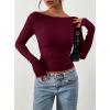 imagePRETTYGARDEN Long Sleeve Shirts for Women 2026 Fall Ruched Sides Boat Neck Basic Tee Casual Fitted Ribbed Knit Crop TopsWine Red