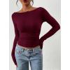 imagePRETTYGARDEN Long Sleeve Shirts for Women 2026 Fall Ruched Sides Boat Neck Basic Tee Casual Fitted Ribbed Knit Crop TopsWine Red