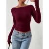 imagePRETTYGARDEN Long Sleeve Shirts for Women 2026 Fall Ruched Sides Boat Neck Basic Tee Casual Fitted Ribbed Knit Crop TopsWine Red