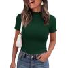 imagePRETTYGARDEN Short Sleeve T Shirts for Women Summer Clothes 2026 Casual Spring Tops Ruffle Mock Neck Ribbed Fitted Basic TeesDark Green