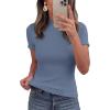 imagePRETTYGARDEN Short Sleeve T Shirts for Women Summer Clothes 2026 Casual Spring Tops Ruffle Mock Neck Ribbed Fitted Basic TeesDusty Blue