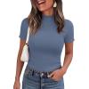 imagePRETTYGARDEN Short Sleeve T Shirts for Women Summer Clothes 2026 Casual Spring Tops Ruffle Mock Neck Ribbed Fitted Basic TeesDusty Blue