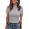 imagePRETTYGARDEN Short Sleeve T Shirts for Women Summer Clothes 2026 Casual Spring Tops Ruffle Mock Neck Ribbed Fitted Basic TeesGrey