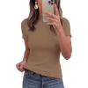 imagePRETTYGARDEN Short Sleeve T Shirts for Women Summer Clothes 2026 Casual Spring Tops Ruffle Mock Neck Ribbed Fitted Basic TeesLight Brown