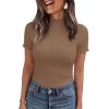 imagePRETTYGARDEN Short Sleeve T Shirts for Women Summer Clothes 2026 Casual Spring Tops Ruffle Mock Neck Ribbed Fitted Basic TeesLight Brown
