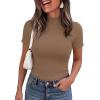 imagePRETTYGARDEN Short Sleeve T Shirts for Women Summer Clothes 2026 Casual Spring Tops Ruffle Mock Neck Ribbed Fitted Basic TeesLight Brown