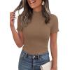 imagePRETTYGARDEN Short Sleeve T Shirts for Women Summer Clothes 2026 Casual Spring Tops Ruffle Mock Neck Ribbed Fitted Basic TeesLight Brown
