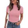 imagePRETTYGARDEN Short Sleeve T Shirts for Women Summer Clothes 2026 Casual Spring Tops Ruffle Mock Neck Ribbed Fitted Basic TeesPink