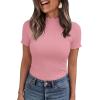 imagePRETTYGARDEN Short Sleeve T Shirts for Women Summer Clothes 2026 Casual Spring Tops Ruffle Mock Neck Ribbed Fitted Basic TeesPink