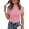 imagePRETTYGARDEN Short Sleeve T Shirts for Women Summer Clothes 2026 Casual Spring Tops Ruffle Mock Neck Ribbed Fitted Basic TeesPink