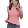 imagePRETTYGARDEN Short Sleeve T Shirts for Women Summer Clothes 2026 Casual Spring Tops Ruffle Mock Neck Ribbed Fitted Basic TeesPink