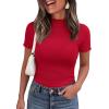 imagePRETTYGARDEN Short Sleeve T Shirts for Women Summer Clothes 2026 Casual Spring Tops Ruffle Mock Neck Ribbed Fitted Basic TeesRed