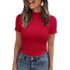 imagePRETTYGARDEN Short Sleeve T Shirts for Women Summer Clothes 2026 Casual Spring Tops Ruffle Mock Neck Ribbed Fitted Basic TeesRed