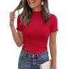 imagePRETTYGARDEN Short Sleeve T Shirts for Women Summer Clothes 2026 Casual Spring Tops Ruffle Mock Neck Ribbed Fitted Basic TeesRed