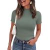 imagePRETTYGARDEN Short Sleeve T Shirts for Women Summer Clothes 2026 Casual Spring Tops Ruffle Mock Neck Ribbed Fitted Basic TeesSage Green