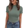 imagePRETTYGARDEN Short Sleeve T Shirts for Women Summer Clothes 2026 Casual Spring Tops Ruffle Mock Neck Ribbed Fitted Basic TeesSage Green