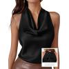 imagePRETTYGARDEN Silk Satin Halter Tops for Women Summer 2026 Cowl Neck Tie Back Going Out Sleeveless Business Casual Tank TopBlack