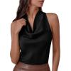 imagePRETTYGARDEN Silk Satin Halter Tops for Women Summer 2026 Cowl Neck Tie Back Going Out Sleeveless Business Casual Tank TopBlack