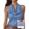 imagePRETTYGARDEN Silk Satin Halter Tops for Women Summer 2026 Cowl Neck Tie Back Going Out Sleeveless Business Casual Tank TopBlue