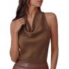 imagePRETTYGARDEN Silk Satin Halter Tops for Women Summer 2026 Cowl Neck Tie Back Going Out Sleeveless Business Casual Tank TopBrown