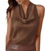 imagePRETTYGARDEN Silk Satin Halter Tops for Women Summer 2026 Cowl Neck Tie Back Going Out Sleeveless Business Casual Tank TopBrown