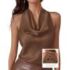 imagePRETTYGARDEN Silk Satin Halter Tops for Women Summer 2026 Cowl Neck Tie Back Going Out Sleeveless Business Casual Tank TopBrown