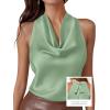 imagePRETTYGARDEN Silk Satin Halter Tops for Women Summer 2026 Cowl Neck Tie Back Going Out Sleeveless Business Casual Tank TopLight Green