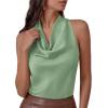 imagePRETTYGARDEN Silk Satin Halter Tops for Women Summer 2026 Cowl Neck Tie Back Going Out Sleeveless Business Casual Tank TopLight Green