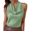 imagePRETTYGARDEN Silk Satin Halter Tops for Women Summer 2026 Cowl Neck Tie Back Going Out Sleeveless Business Casual Tank TopLight Green