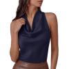 imagePRETTYGARDEN Silk Satin Halter Tops for Women Summer 2026 Cowl Neck Tie Back Going Out Sleeveless Business Casual Tank TopNavy