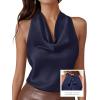 imagePRETTYGARDEN Silk Satin Halter Tops for Women Summer 2026 Cowl Neck Tie Back Going Out Sleeveless Business Casual Tank TopNavy