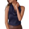 imagePRETTYGARDEN Silk Satin Halter Tops for Women Summer 2026 Cowl Neck Tie Back Going Out Sleeveless Business Casual Tank TopNavy