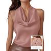 imagePRETTYGARDEN Silk Satin Halter Tops for Women Summer 2026 Cowl Neck Tie Back Going Out Sleeveless Business Casual Tank TopPink