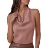 imagePRETTYGARDEN Silk Satin Halter Tops for Women Summer 2026 Cowl Neck Tie Back Going Out Sleeveless Business Casual Tank TopPink