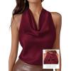 imagePRETTYGARDEN Silk Satin Halter Tops for Women Summer 2026 Cowl Neck Tie Back Going Out Sleeveless Business Casual Tank TopWine Red