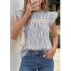 imagePRETTYGARDEN Striped Shirt Womens Summer Tops 2026 Spring Business Casual Work Dressy Crochet Lace Ruffle Cap Sleeve BlouseNavy Blue Striped