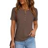 imagePRETTYGARDEN Waffle Knit Tops for Women Short Sleeve Henley Shirts 2026 Summer Blouses Dressy Casual Spring Fashion ClothesCoffee